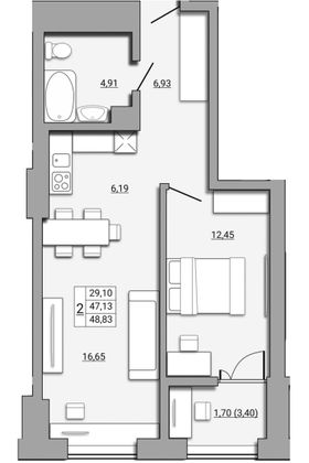 Продажа 2-комнатной квартиры 48 м², 3/25 этаж