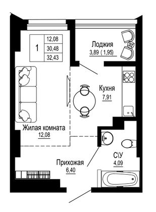 Продажа 1-комнатной квартиры 32,5 м², 19/26 этаж