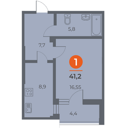 Продажа 1-комнатной квартиры 41,2 м², 9/17 этаж