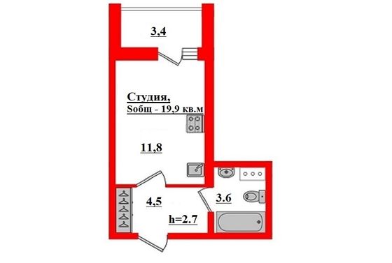 Продажа квартиры-студии 19,9 м², 7/13 этаж