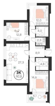 Продажа 3-комнатной квартиры 90,8 м², 23/23 этаж