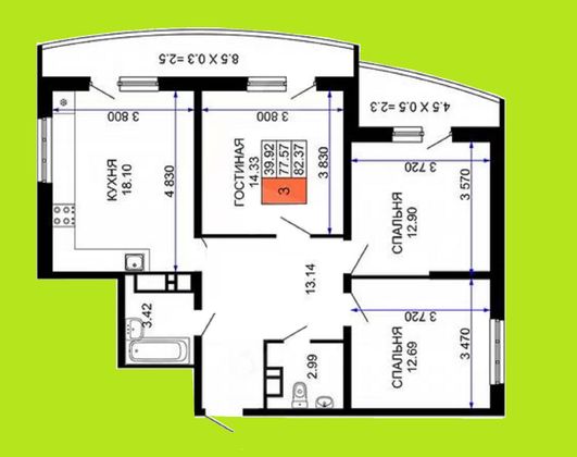 Продажа 3-комнатной квартиры 84 м², 12/24 этаж