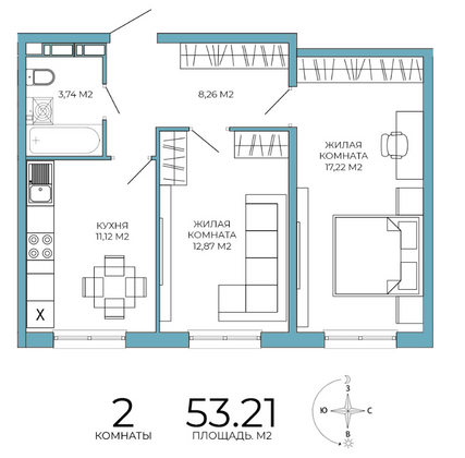 Продажа 2-комнатной квартиры 53,2 м², 10/18 этаж