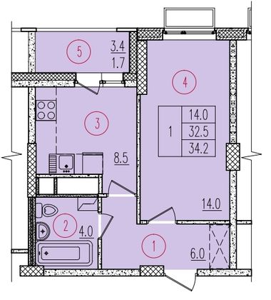 Продажа 1-комнатной квартиры 34,2 м², 9/14 этаж