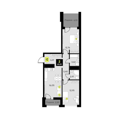 68,8 м², 2-комн. квартира, 3/14 этаж