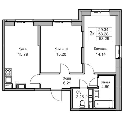 Продажа 2-комнатной квартиры 58,3 м², 3/22 этаж