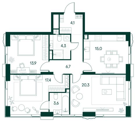 Продажа 3-комнатной квартиры 85,3 м², 6/22 этаж