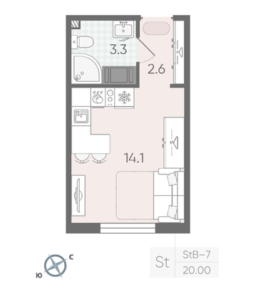 Продажа квартиры-студии 20 м², 11/19 этаж