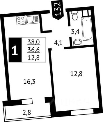 Продажа 1-комнатной квартиры 36,5 м², 6/9 этаж