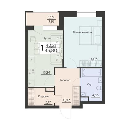 Продажа 1-комнатной квартиры 43,8 м², 2 этаж