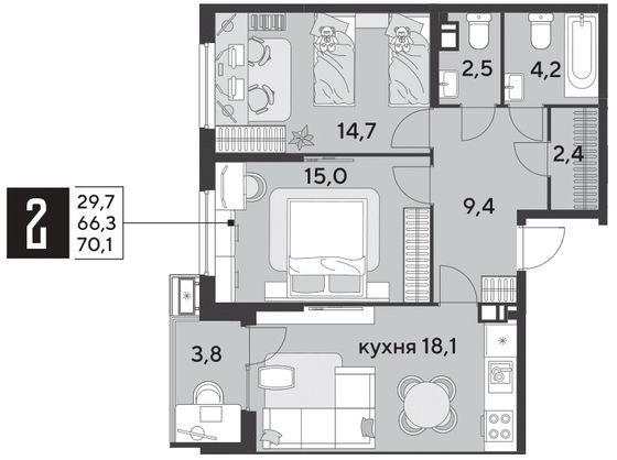 Продажа 2-комнатной квартиры 70,1 м², 6/9 этаж
