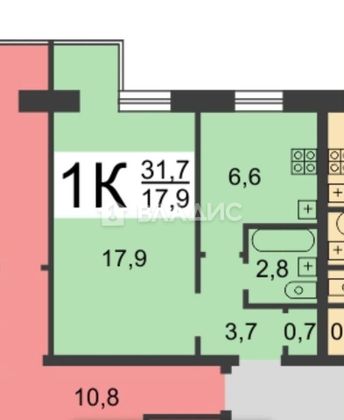 Продажа 1-комнатной квартиры 31,7 м², 6/9 этаж