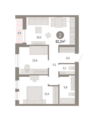Продажа 2-комнатной квартиры 61,3 м², 10/17 этаж