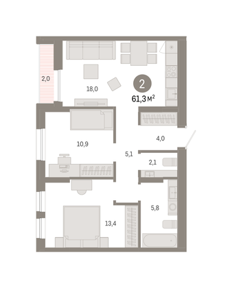 61,3 м², 2-комн. квартира, 10/17 этаж