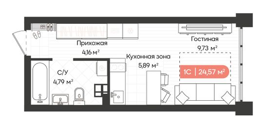 24,6 м², 1-комн. квартира, 19/20 этаж