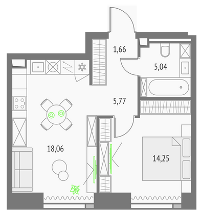 44,8 м², 1-комн. квартира, 26/57 этаж