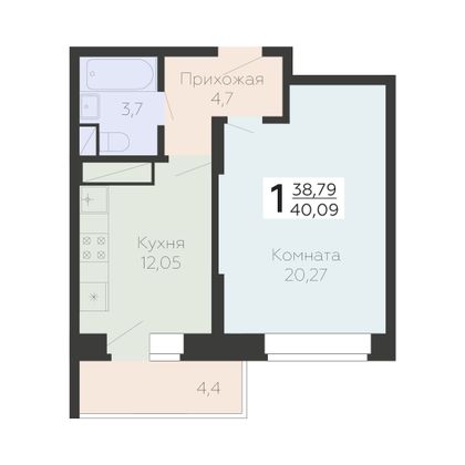 Продажа 1-комнатной квартиры 40,1 м², 6/22 этаж
