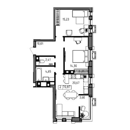 Продажа 2-комнатной квартиры 70,9 м², 17/23 этаж