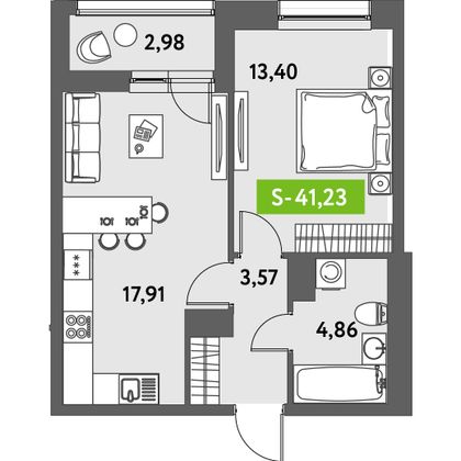 Продажа 1-комнатной квартиры 41,2 м², 6/12 этаж
