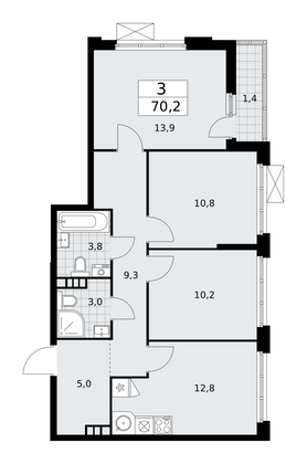 70,2 м², 3-комн. квартира, 4/18 этаж