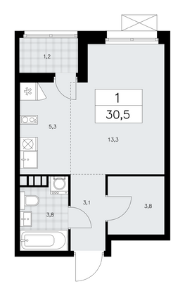 30,5 м², своб. планировка, 3/12 этаж