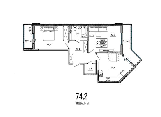 74,3 м², 2-комн. квартира, 1/21 этаж