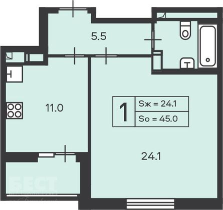 Продажа 1-комнатной квартиры 45 м², 3/13 этаж