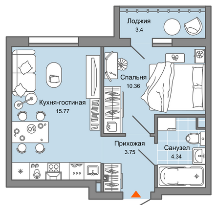 Продажа 1-комнатной квартиры 36 м², 1/7 этаж