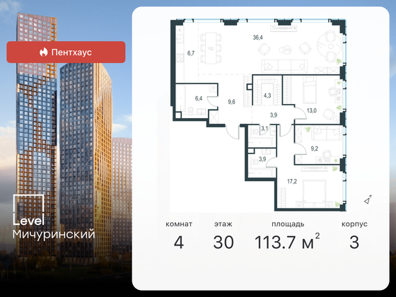 113,7 м², 4-комн. квартира, 30/30 этаж