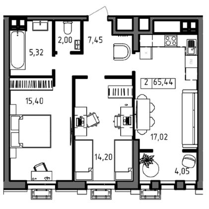 Продажа 2-комнатной квартиры 65,4 м², 7/23 этаж