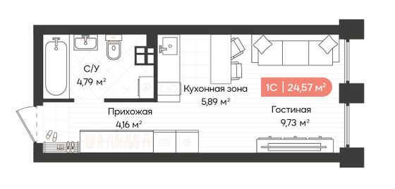 24,6 м², 1-комн. квартира, 19/20 этаж