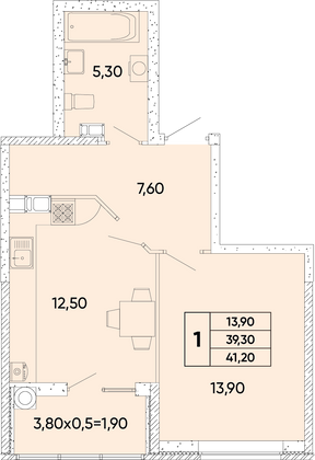 41,2 м², 1-комн. квартира, 9/18 этаж
