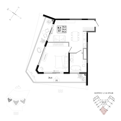 Продажа 1-комнатной квартиры 84,6 м², 5/14 этаж