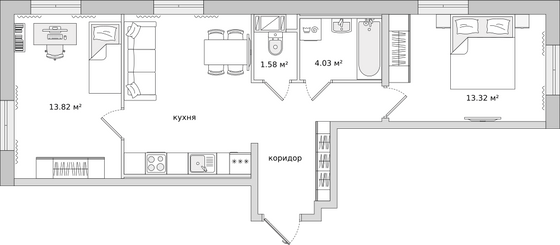 57,6 м², 2-комн. квартира, 2/17 этаж