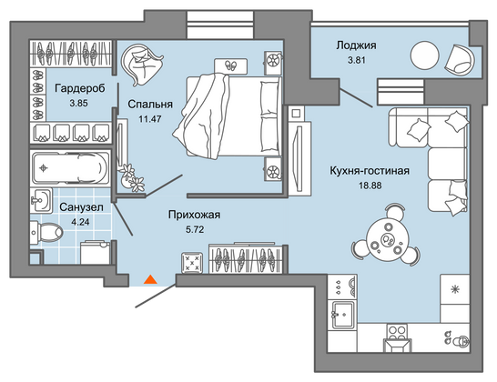 46 м², 2-комн. квартира, 2/6 этаж