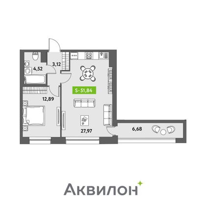 51,8 м², 1-комн. квартира, 12/12 этаж