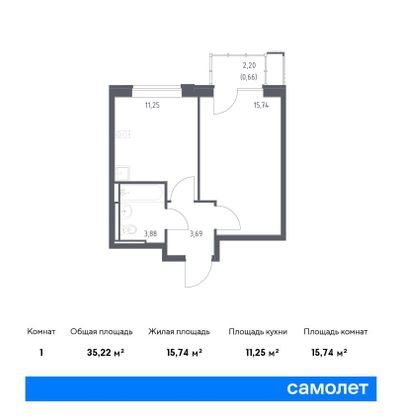 35,2 м², 1-комн. квартира, 4/12 этаж