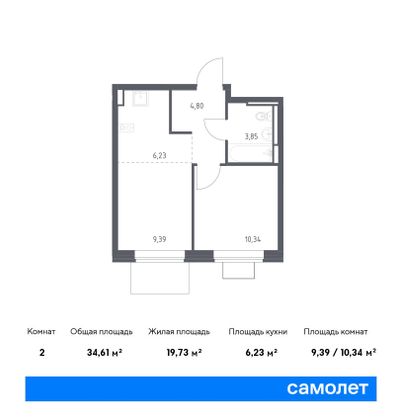 34,6 м², 1-комн. квартира, 2/12 этаж