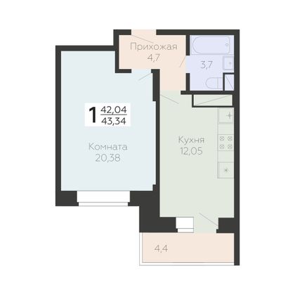 Продажа 1-комнатной квартиры 43,3 м², 6/22 этаж