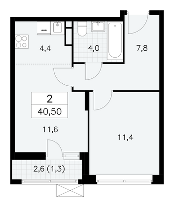 40,5 м², своб. планировка, 4/15 этаж