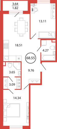 68,6 м², 2-комн. квартира, 2/12 этаж