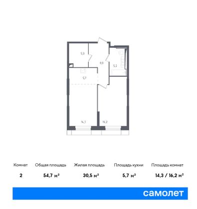 54,8 м², 1-комн. квартира, 25/30 этаж