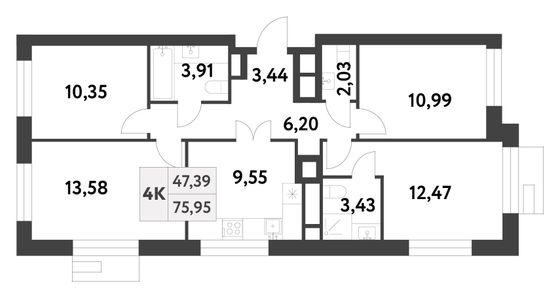 75,9 м², 4-комн. квартира, 13/16 этаж