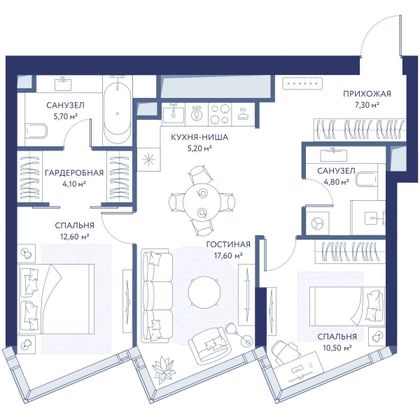 Продажа 3-комнатной квартиры 67,8 м², 17/49 этаж