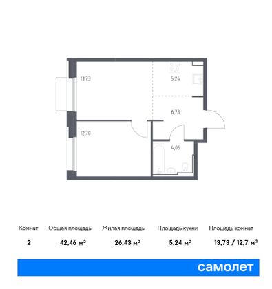 42,5 м², 1-комн. квартира, 15/21 этаж