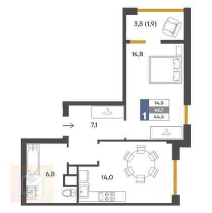 Продажа 1-комнатной квартиры 44,6 м², 2/4 этаж