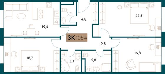 105,4 м², 4-комн. квартира, 8/28 этаж