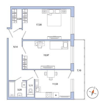 Продажа 2-комнатной квартиры 62,6 м², 2/7 этаж