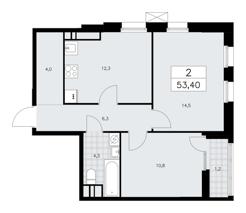 53,4 м², своб. планировка, 17/18 этаж