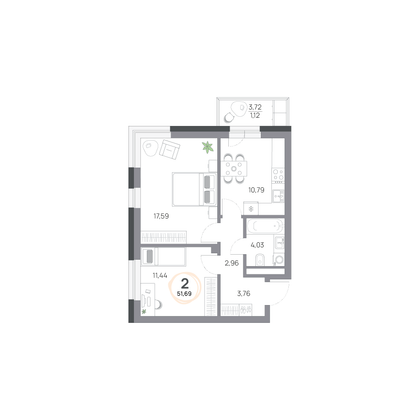 Продажа 2-комнатной квартиры 51,7 м², 3/8 этаж